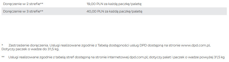 Cennik dopłat stref 2 i 3 kuriera DPD